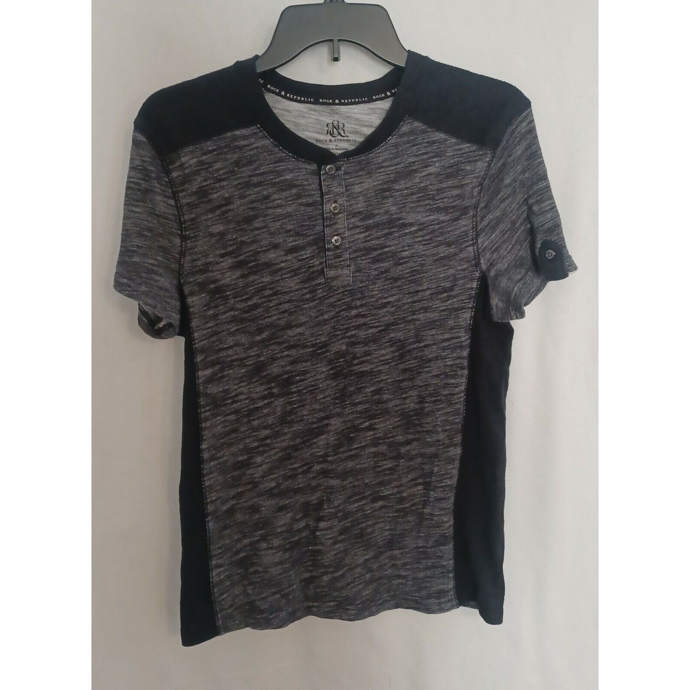 Rock & Republic Black and Gray 3 Button V Neck T Shirt Size Small Short Sleeve